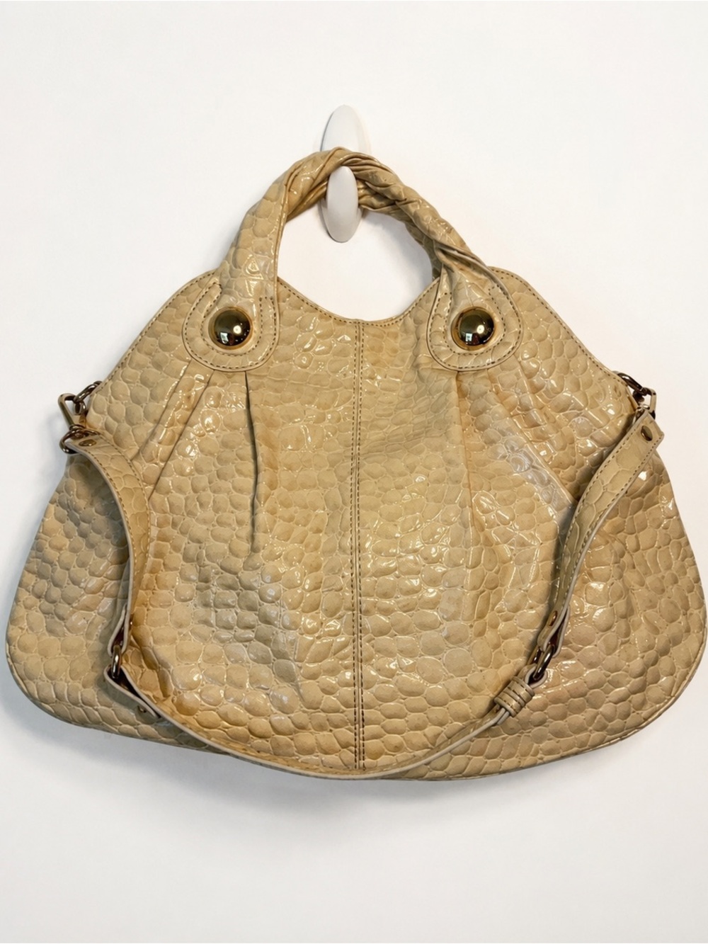 Gianni Bini Cream Croc-Embossed Leather Tote Bag handbag gold hardware glossy